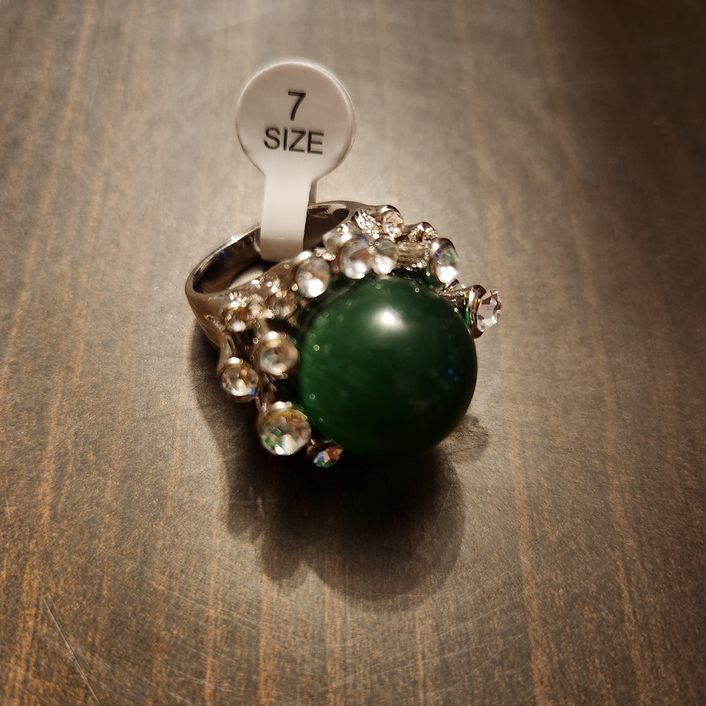 Vintage Costume Jewelry Green Statement Ring with Clear Rhinestones - Size 7